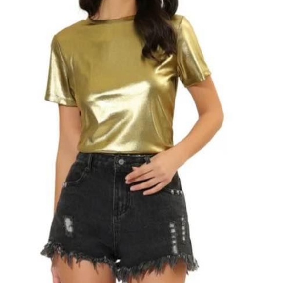 NWOT Gold metallic short sleeve top size M/L - Picture 2 of 9